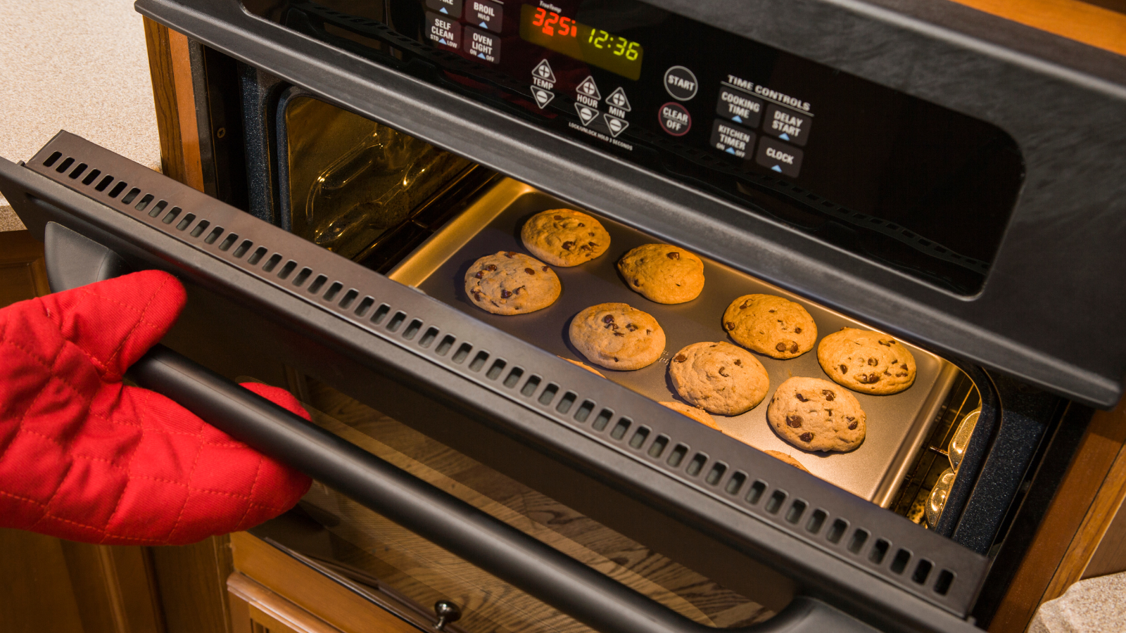 Cooking cookies in the oven.