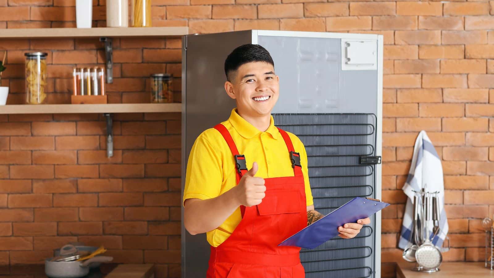 He successfully fixed the refrigerator that is why he is smiling.