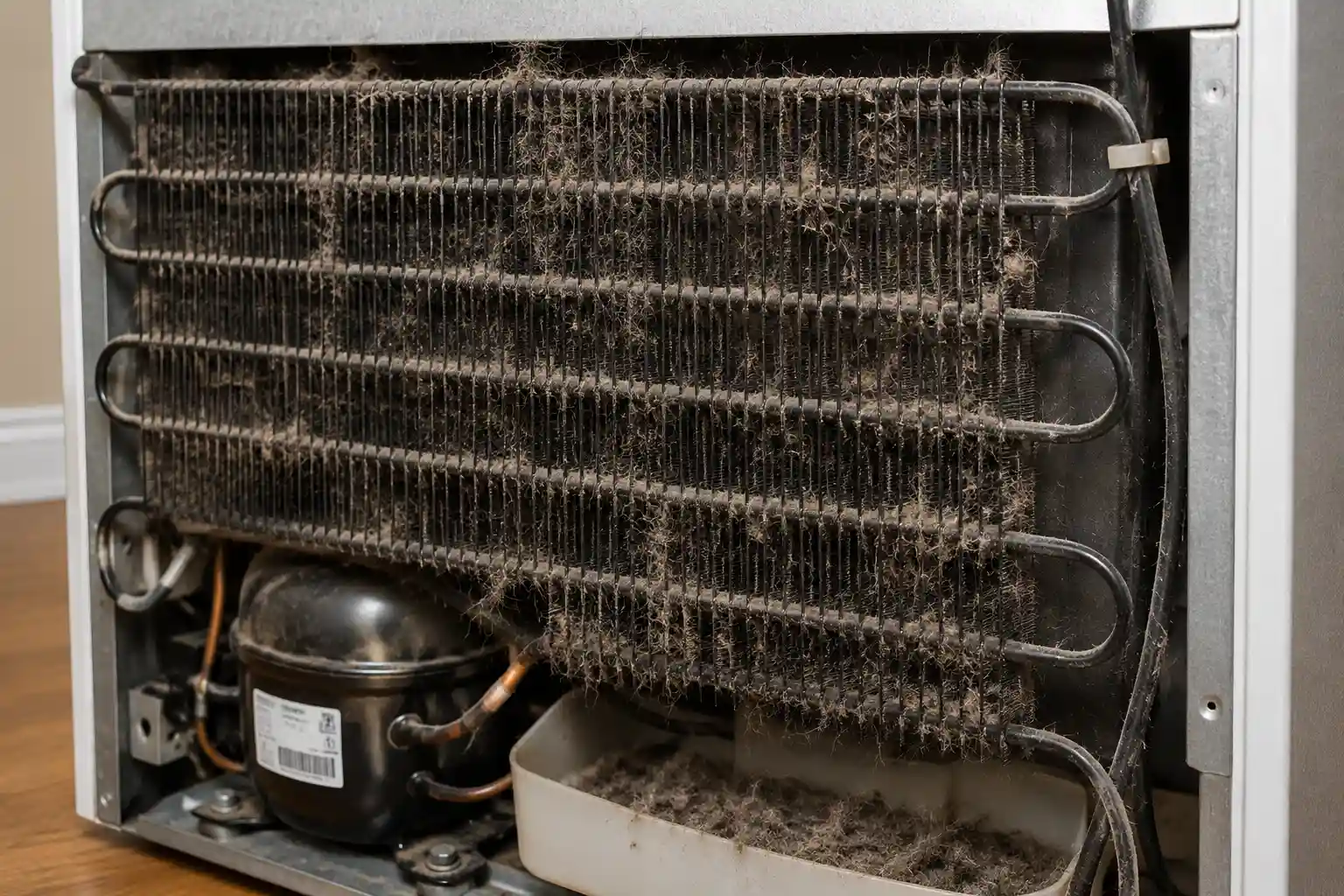 Dusty refrigerator condenser coils that can make an ice maker slow during hot summer weather