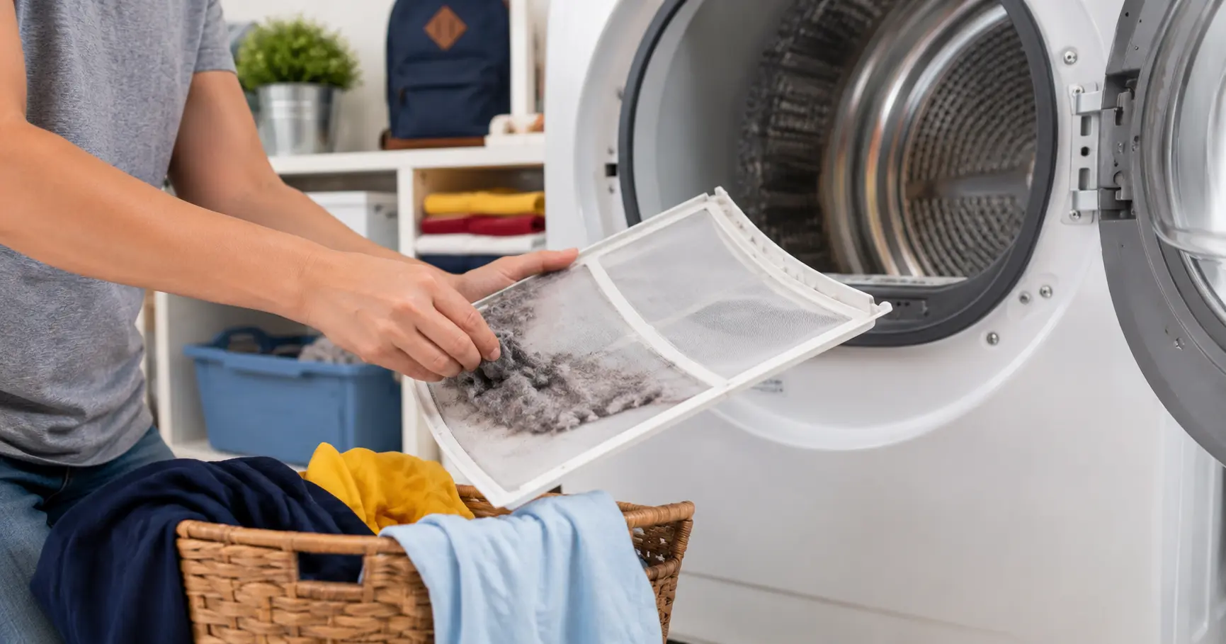 Cleaning a dryer lint trap to improve airflow when clothes take two cycles to dry