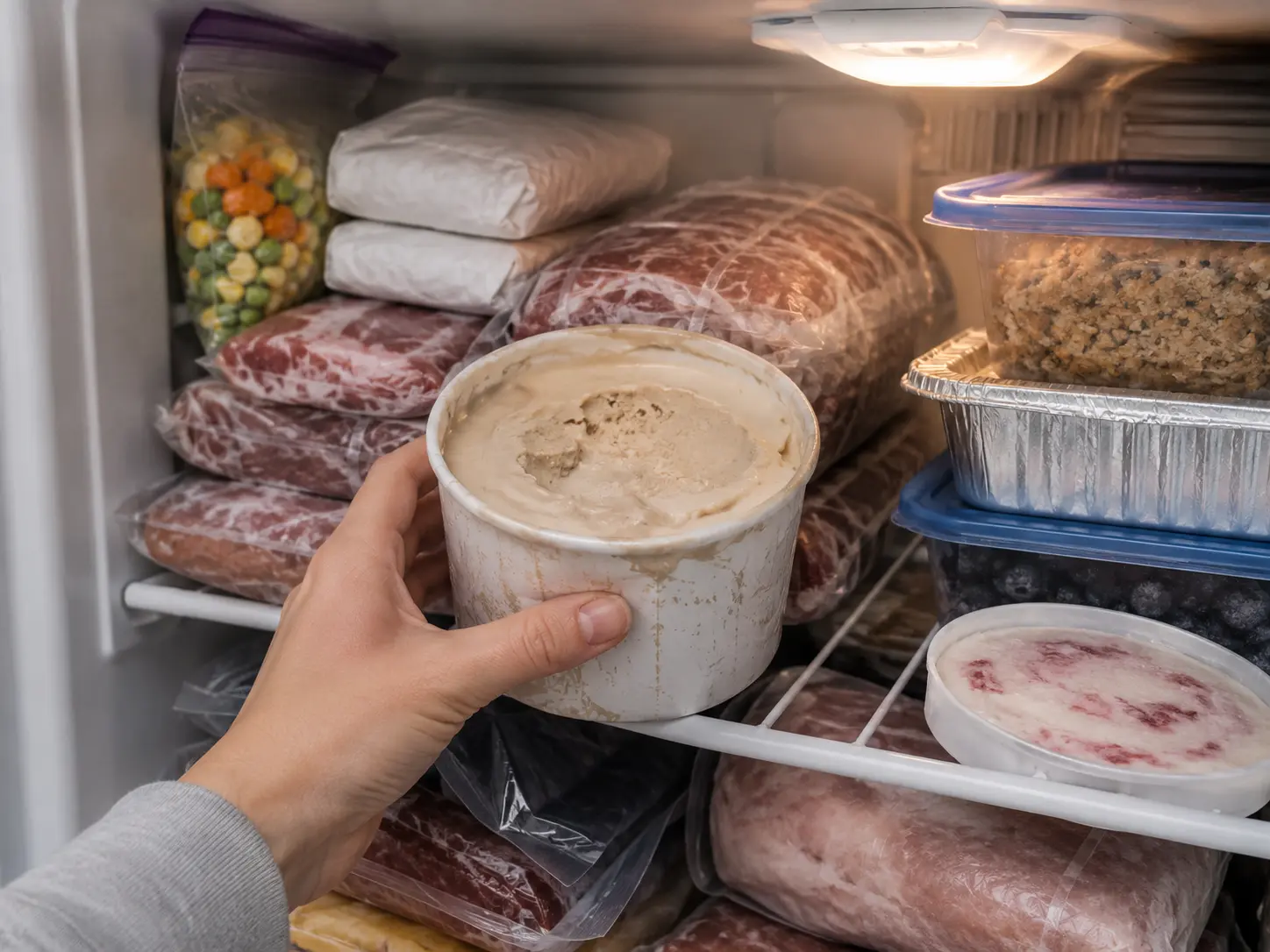 Soft ice cream inside a full freezer as a warning sign that the freezer may not be keeping food frozen