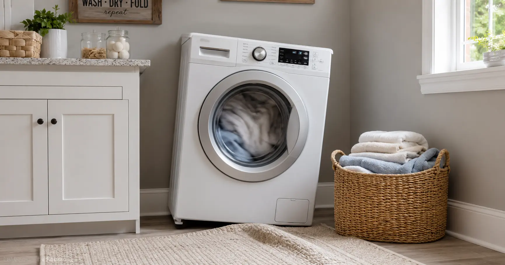 Washing machine shaking during the spin cycle with laundry basket nearby